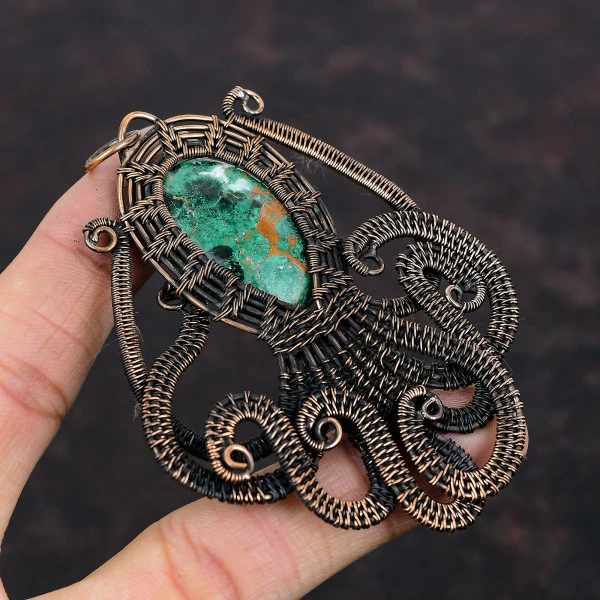 Cuprite Chrysocolla Oval Green Handmade Copper Wire Wrapped Pendant