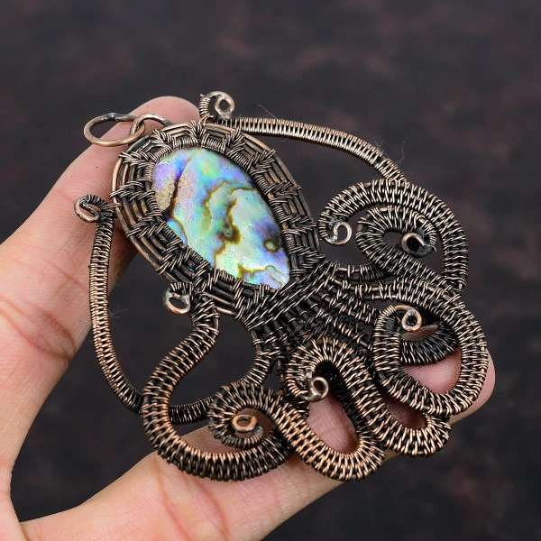 Abalone Shell Oval Green Handmade Copper Wire Wrapped Pendant