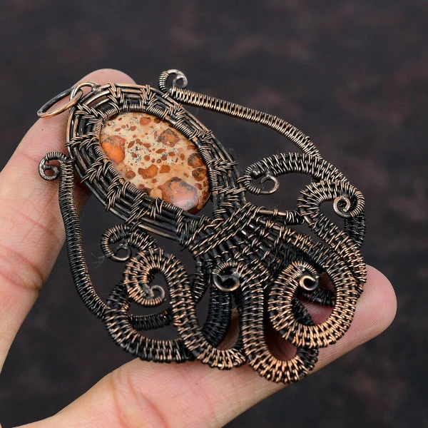 Asteroid Jasper Oval Red Handmade Copper Wire Wrapped Pendant