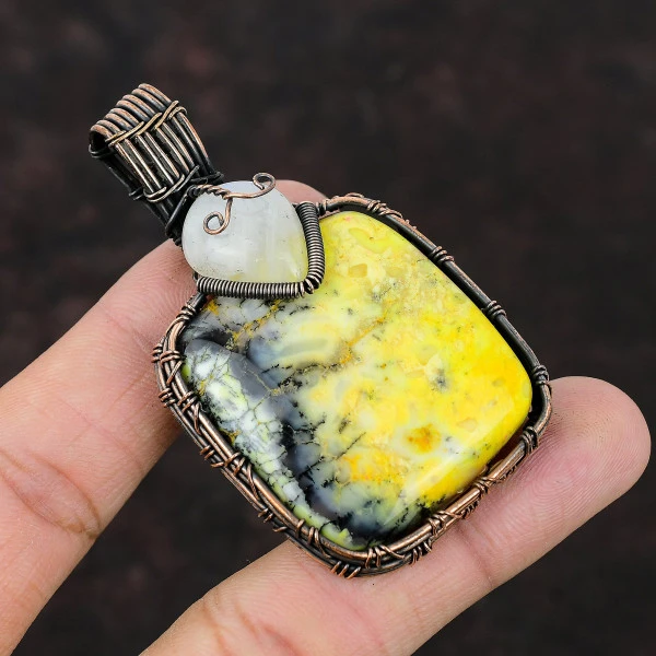 Yellow Dendrite Opal Radiant Yellow Handmade Copper Wire Wrapped Pendant
