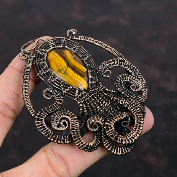 Tiger's Eye Oval Brown Handmade Copper Wire Wrapped Pendant