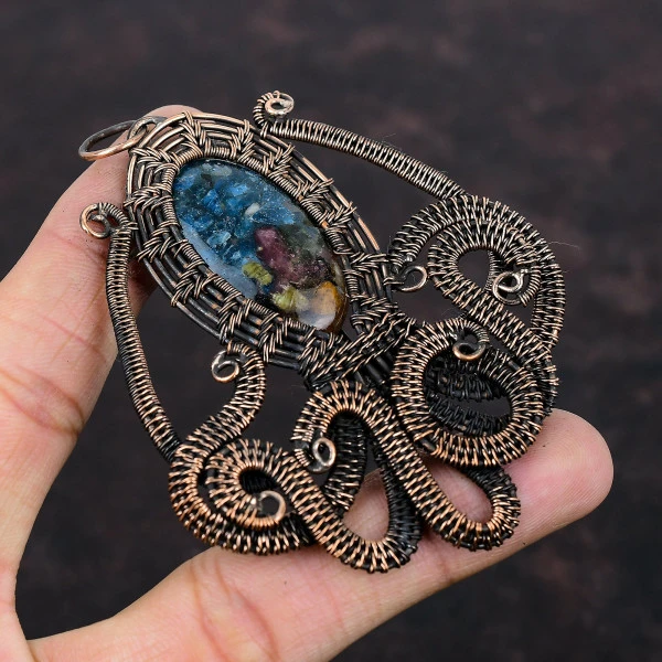 Watermelon Tourmaline Oval Blue Handmade Copper Wire Wrapped Pendant