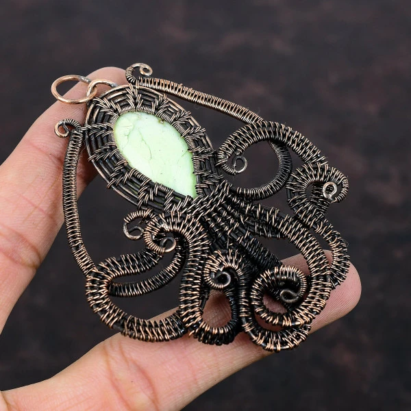 Lemon Chrysoprase Oval Green Handmade Copper Wire Wrapped Pendant