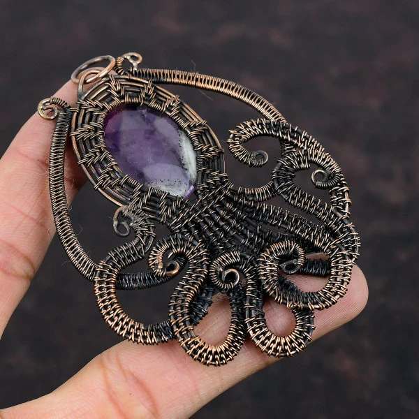 Super 23 Amethyst Oval Purple Handmade Copper Wire Wrapped Pendant