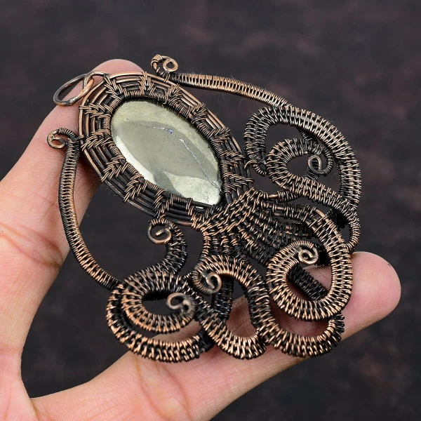 Apache Pyrite Oval Gold Handmade Copper Wire Wrapped Pendant