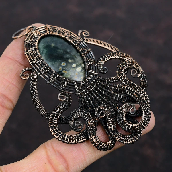 Ocean Jasper Oval Green Handmade Copper Wire Wrapped Pendant