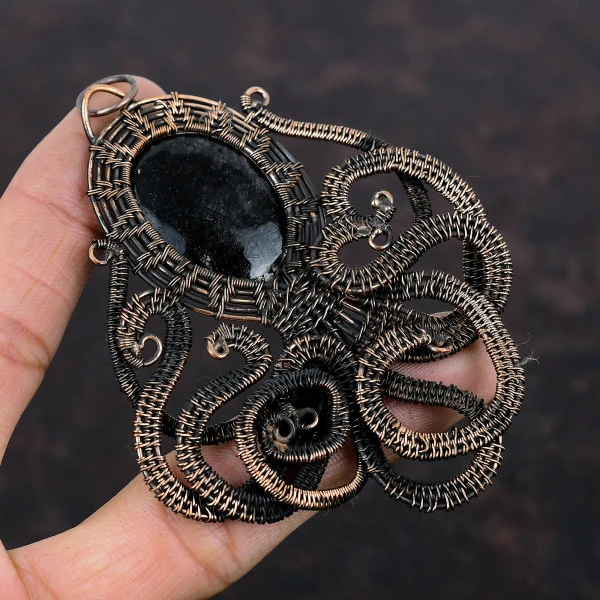 Black Rutile Oval Black Handmade Copper Wire Wrapped Pendant
