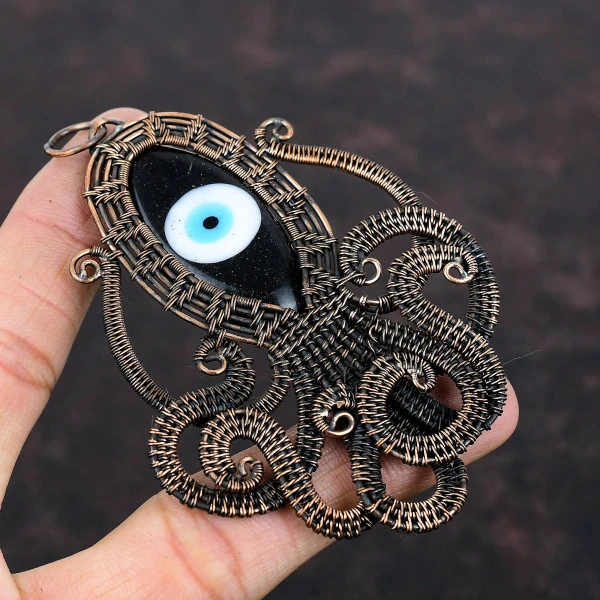 Black Color Evil Eye Oval Black Handmade Copper Wire Wrapped Pendant