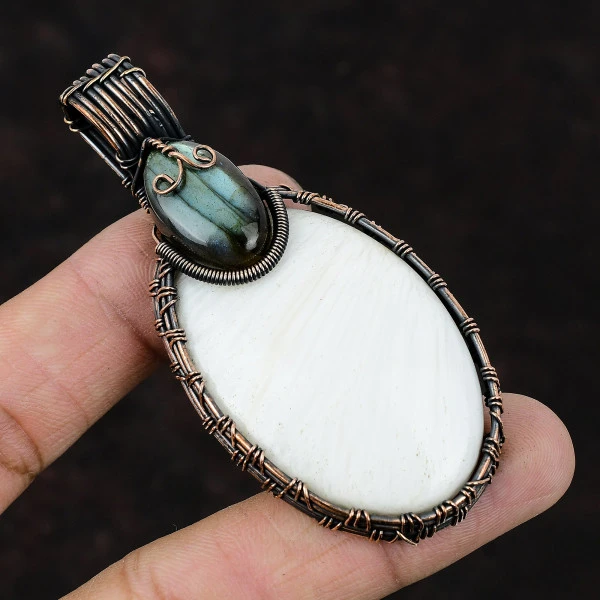 Scolecite Oval White Handmade Copper Wire Wrapped Pendant
