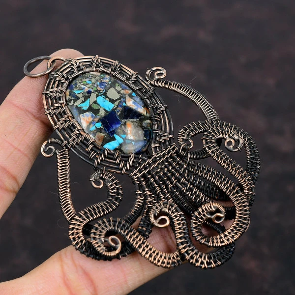 Copper Multi Turquoise Oval Blue Handmade Copper Wire Wrapped Pendant