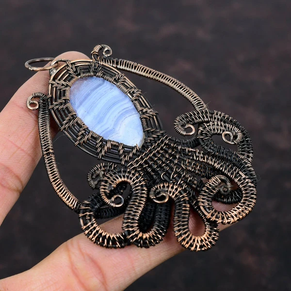 Blue Lace Agate Oval Blue Handmade Copper Wire Wrapped Pendant