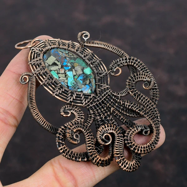 Copper Azurite Malachite Oval Green Handmade Copper Wire Wrapped Pendant