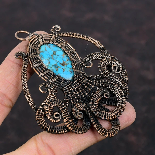 Copper Blue Turquoise Oval Blue Handmade Copper Wire Wrapped Pendant