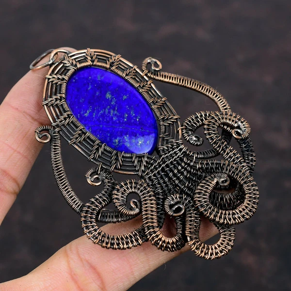Lapis Lazuli Oval Blue Handmade Copper Wire Wrapped Pendant