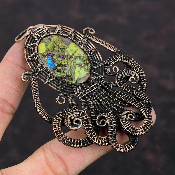 Copper Stichtite Oval Green Handmade Copper Wire Wrapped Pendant