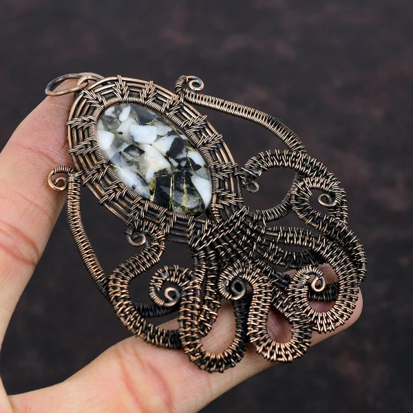 Copper Black & White Turquoise Oval White Handmade Copper Wire Wrapped Pendant