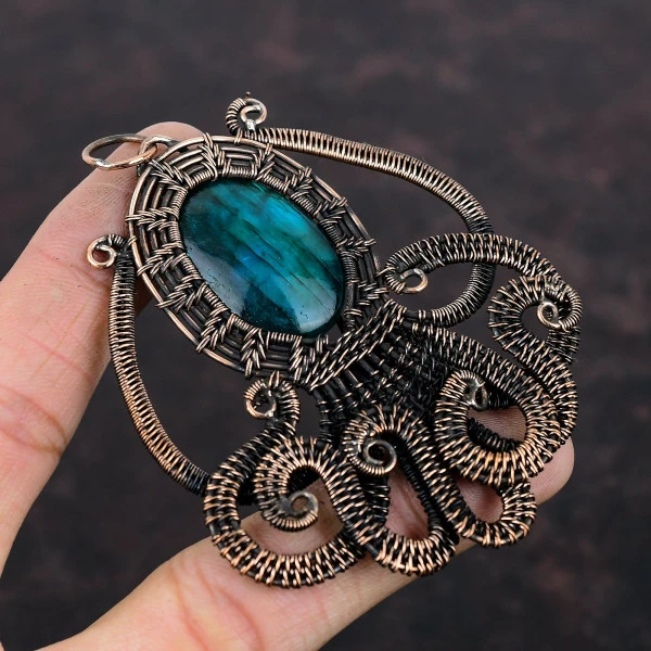 Neon Flash Labradorite Oval Blue Handmade Copper Wire Wrapped Pendant