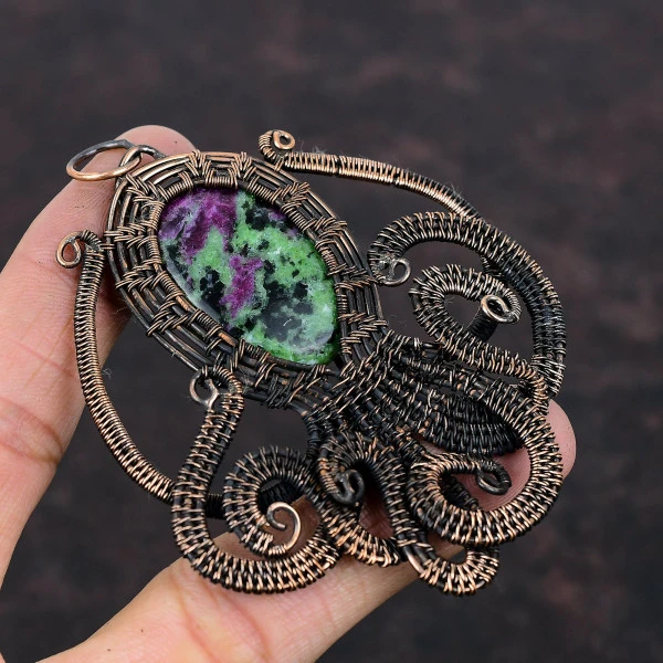 Ruby Zoisite Oval Green Handmade Copper Wire Wrapped Pendant