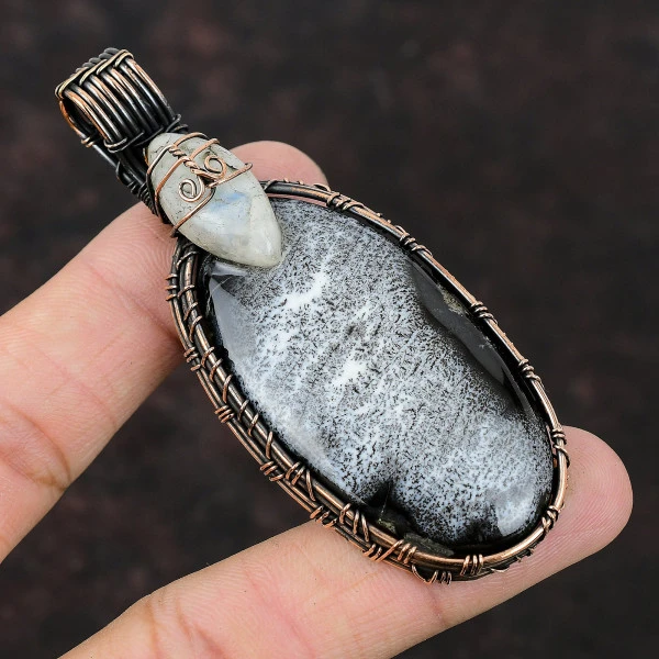 Dendrite Opal Oval Black Handmade Copper Wire Wrapped Pendant