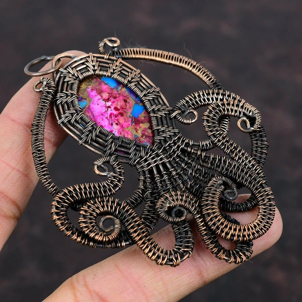 Natural Kingman Pink Dahlia Turquoise Oval Pink Handmade Copper Wire Wrapped Pendant