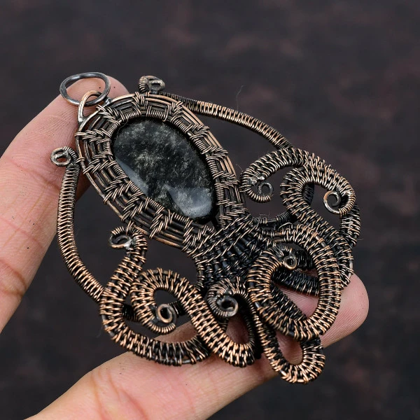 Silver Sheen Obsidian Oval Black Handmade Copper Wire Wrapped Pendant