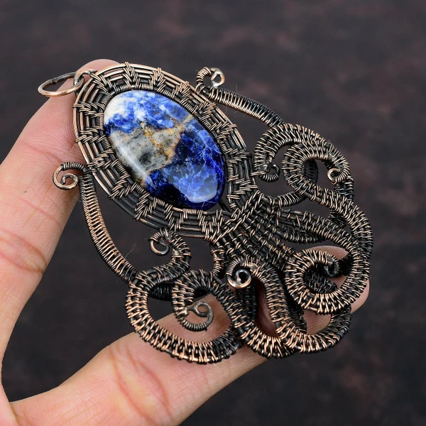 Sodalite  Oval Blue Handmade Copper Wire Wrapped Pendant