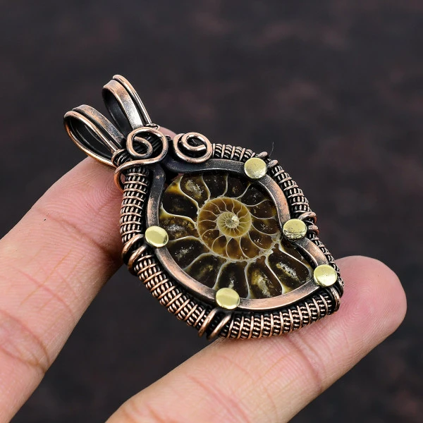 Ammonite Fossil Pear Brown Handmade Copper Wire Wrapped Pendant