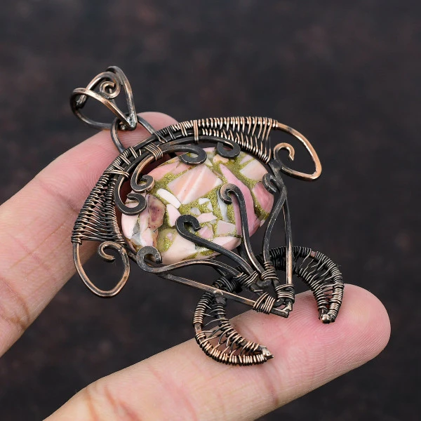 Copper Pink Opal Oval Pink Handmade Copper Wire Wrapped Pendant