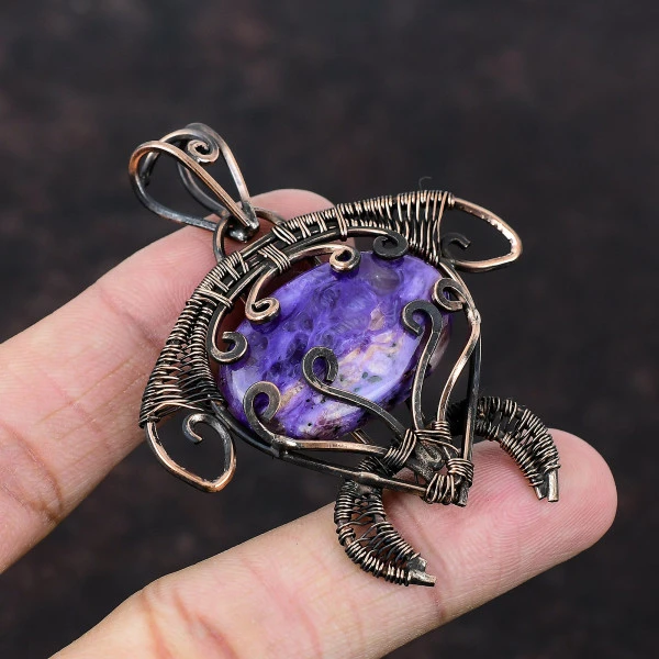 Charoite Oval Purple Handmade Copper Wire Wrapped Pendant