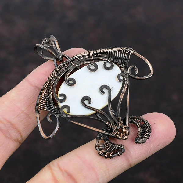 Mother Of Pearl Oval White Handmade Copper Wire Wrapped Pendant