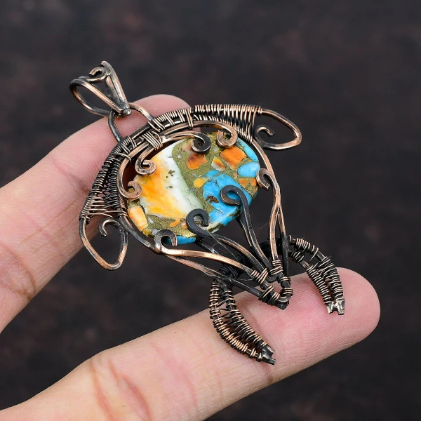 Spiny Oyster Copper Turquoise Oval Orange Handmade Copper Wire Wrapped Pendant