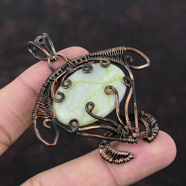 Green Aragonite Oval Green Handmade Copper Wire Wrapped Pendant