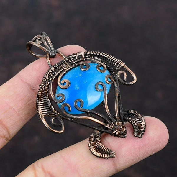 Smithsonite Oval Blue Handmade Copper Wire Wrapped Pendant