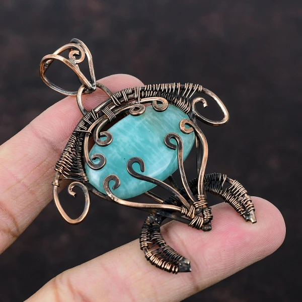 Amazonite Oval Green Handmade Copper Wire Wrapped Pendant