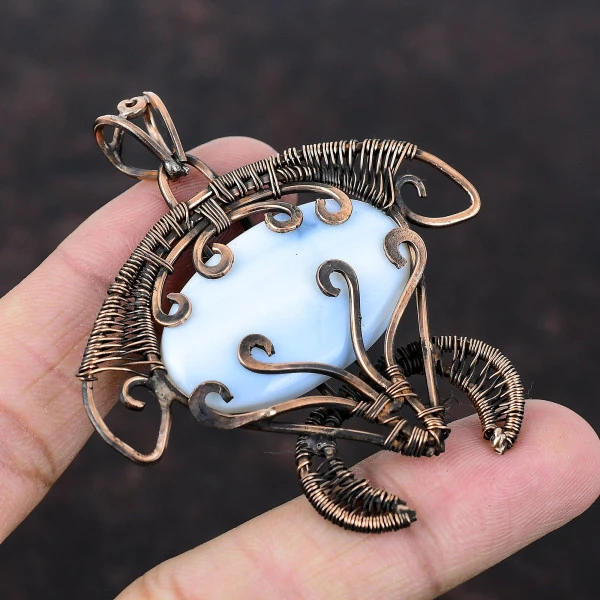 Owyhee Blue Opal Oval Blue Handmade Copper Wire Wrapped Pendant