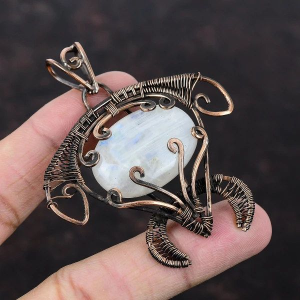 Rainbow Moonstone Oval White Handmade Copper Wire Wrapped Pendant