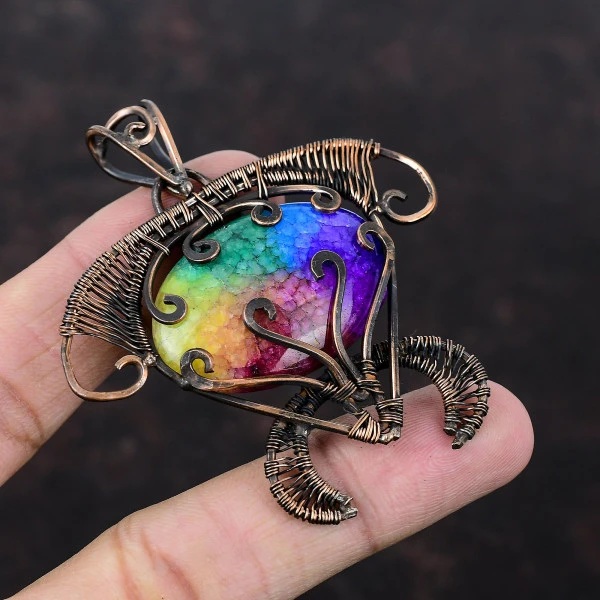 Rainbow Solar Quartz Druzy Oval Pink Handmade Copper Wire Wrapped Pendant