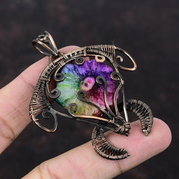 Rainbow Solar Quartz Druzy Oval Purple Handmade Copper Wire Wrapped Pendant