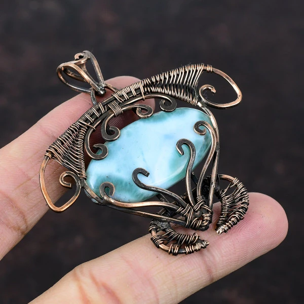 Larimar Oval Blue Handmade Copper Wire Wrapped Pendant