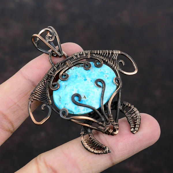 Arizona Turquoise Oval Blue Handmade Copper Wire Wrapped Pendant