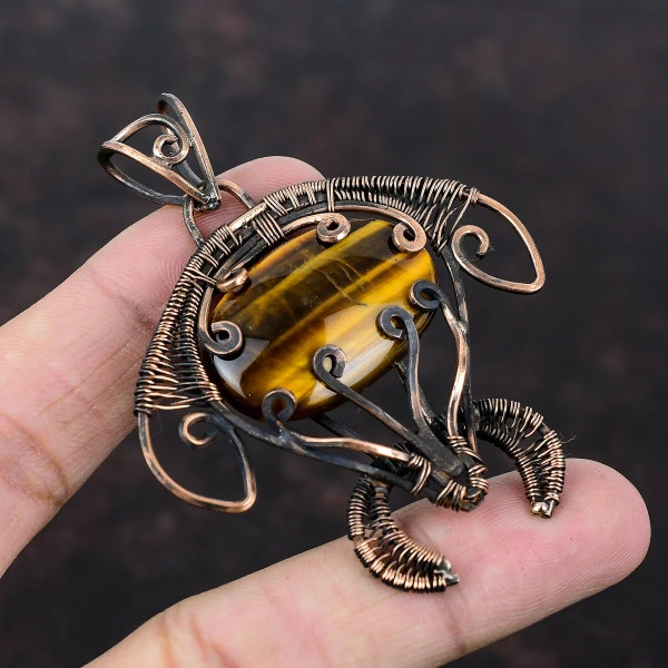 Tiger's Eye Oval Brown Handmade Copper Wire Wrapped Pendant
