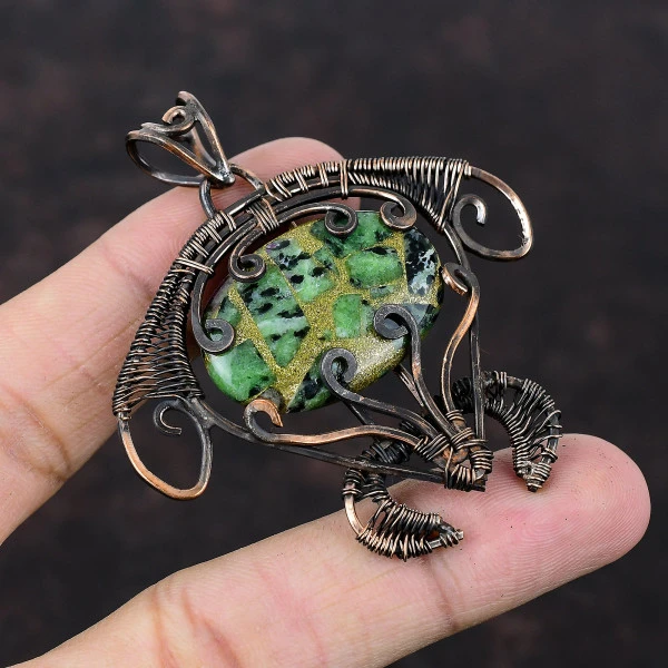 Copper Ruby Zoisite Oval Green Handmade Copper Wire Wrapped Pendant
