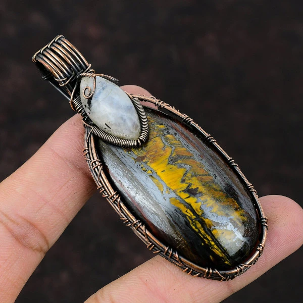 Iron Tiger Eye Oval Black Handmade Copper Wire Wrapped Pendant