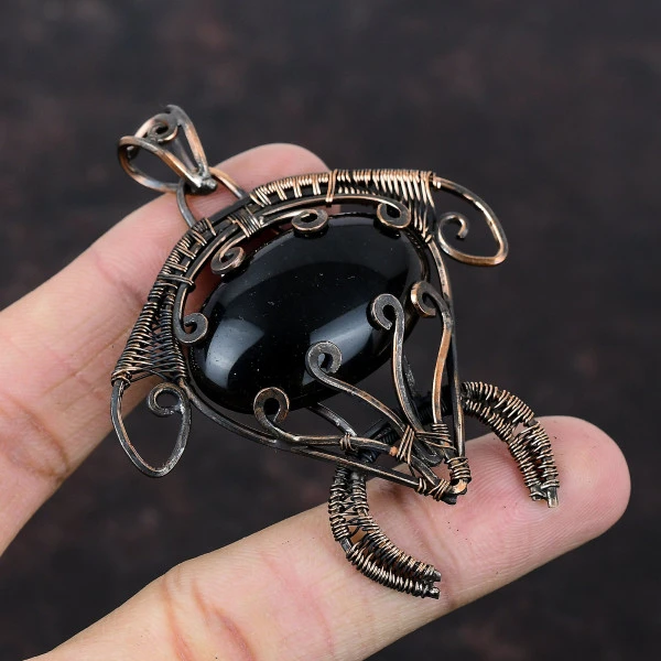 Black Onyx Oval Black Handmade Copper Wire Wrapped Pendant
