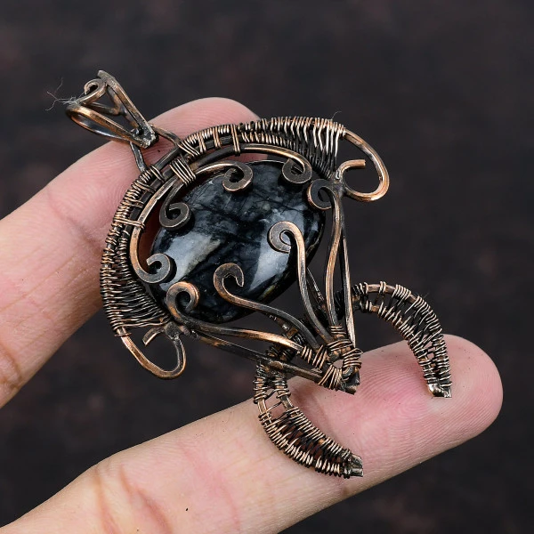 Picasso Jasper Oval Black Handmade Copper Wire Wrapped Pendant