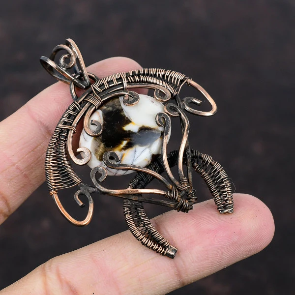 Peanut Wood Jasper Oval Brown Handmade Copper Wire Wrapped Pendant