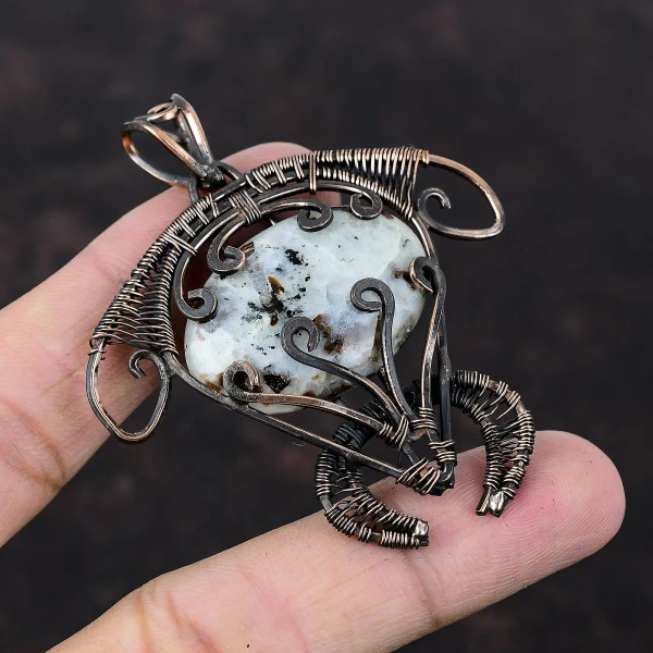 Astrophyllite Oval White Handmade Copper Wire Wrapped Pendant