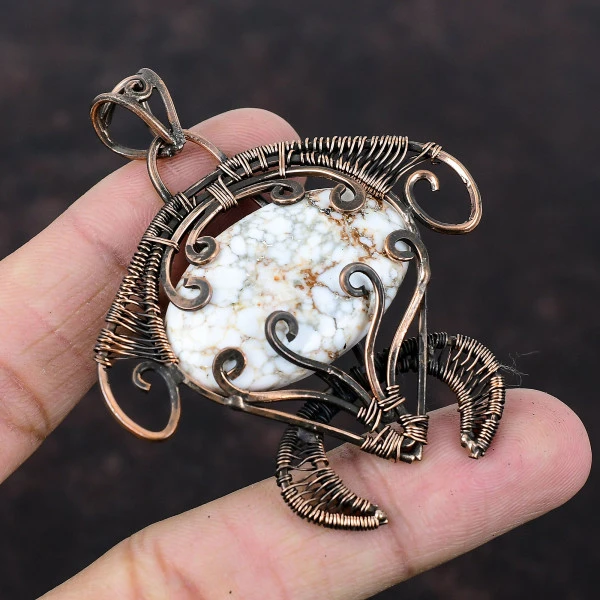 Wild Horse Magnesite Oval White Handmade Copper Wire Wrapped Pendant