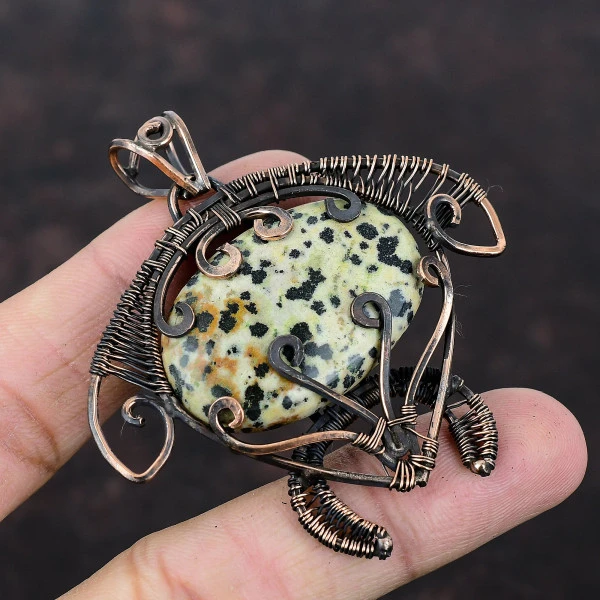 Dalmatian Jasper Oval Black Handmade Copper Wire Wrapped Pendant
