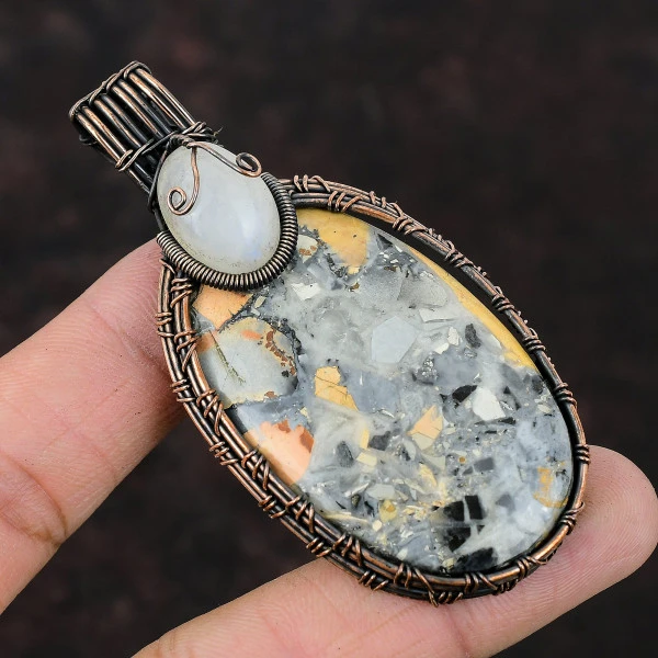 Maligano Jasper Oval Gray Handmade Copper Wire Wrapped Pendant